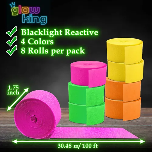 Vista 3 de Glow King Serpentinas de luz negra, paquete de 8 rollos fluorescentes de 100 pies, papel crepé neón reactivo a los rayos UV de alta calidad, regalo