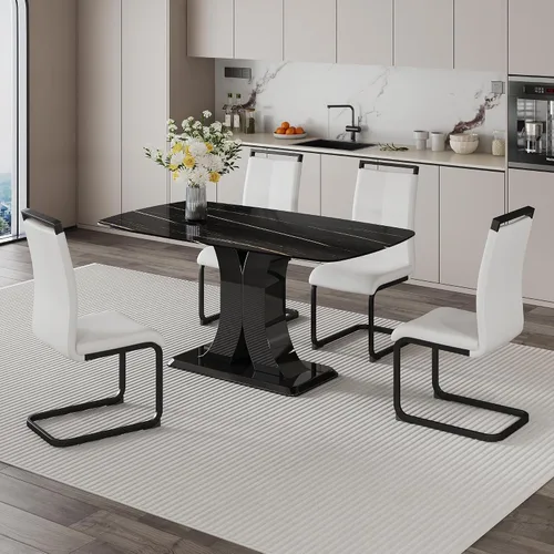 Vista 15 de Juego de mesa de comedor moderno para 4, juego de sillas de mesa de cocina de mármol sintético, mesa rectangular de MDF de 63 pulgadas, sillas Negro