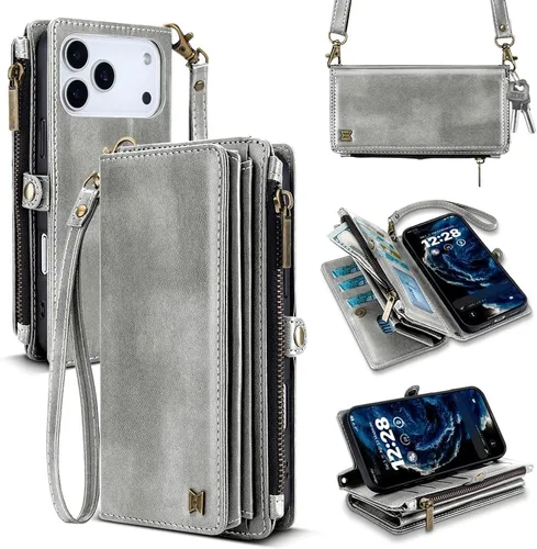 Vista 42 de Funda tipo cartera para iPhone 16 Pro Max con 8 tarjeteros, bloqueo RFID, piel sintética, función atril, abatible, correa de muñeca y correa