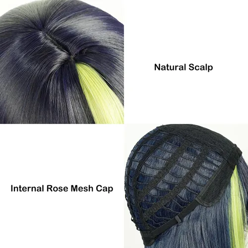 Vista 7 de Uniquebe Tighnari - Peluca de cosplay, pelucas largas y rectas de color azul marino oscuro mezclado con verde para niñas, mujeres y hombres