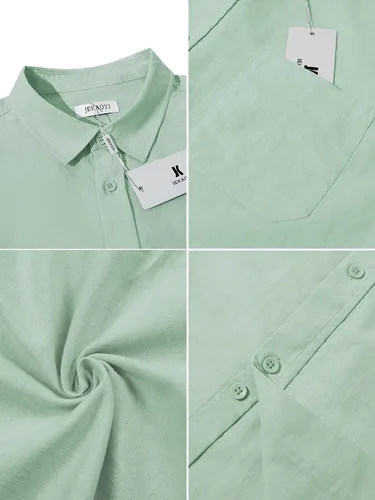 Vista 4 de Camisas de lino con botones para hombre, estilo casual, manga larga, ajuste regular, de algodón, con bolsillo