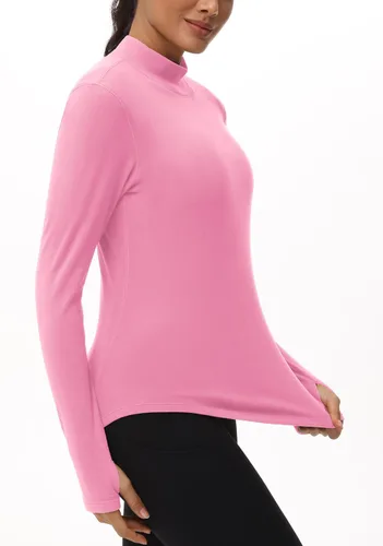 Vista 5 de THE GYM PEOPLE Camisas de forro polar de cuello alto falso de capa base, camisetas de entrenamiento de manga larga con agujero para el pulgar