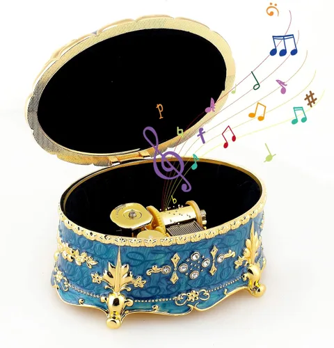 Vista 11 de ROSIKING Caja de música de aleación de metal en relieve en forma de corazón azul, caja musical antigua para joyería con cuerda, regalos