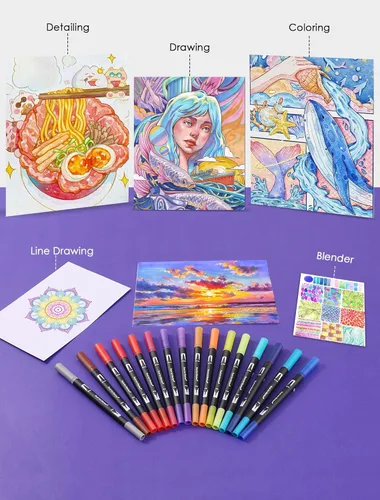 Vista 5 de TOSHARE Marcadores de acuarela de 36 colores y punta fina de doble punta para libros de colorear para adultos, bolígrafos de pintura sin sangrado