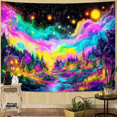 Vista 21 de Kanuyee Tapiz de luz negra de neón para colgar en la pared, bosque encantado, cascada, tapices para dormitorio, tapices UV, para colgar en la pared
