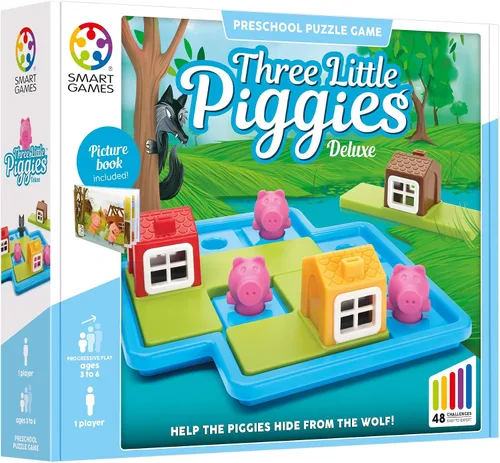Vista 2 de SmartGames Three Little Piggies – Juego de rompecabezas lógico para preescolar con 48 desafíos y libro de cuentos – Rompecabezas educativo de cuento