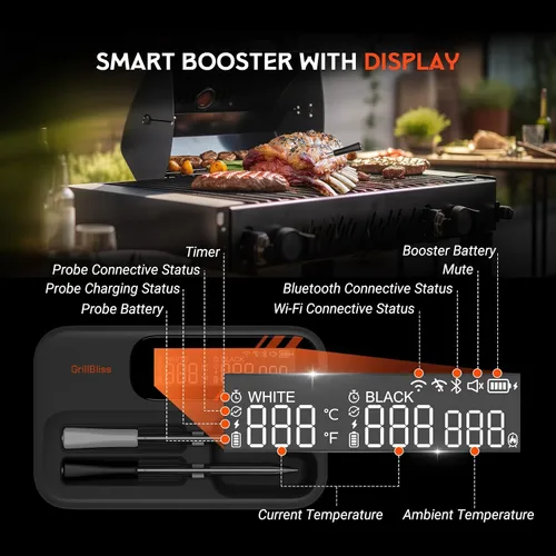 Vista 3 de Termómetro inalámbrico para carne - Termómetro digital inalámbrico 5G Wi-Fi y Bluetooth 5.4 para asar y ahumar con sondas duales IP67 y pantalla LCD
