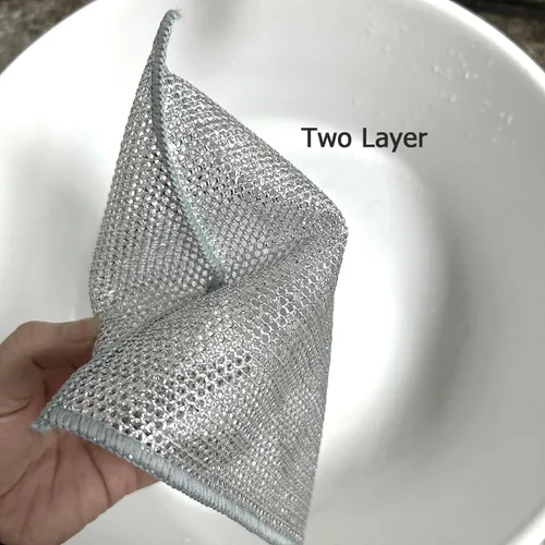 Vista 4 de 5 paños de limpieza de alambre de acero inoxidable de doble capa para cocina No raya, secado rápido, alambre metálico, 7.9x7.9 in, dos capas