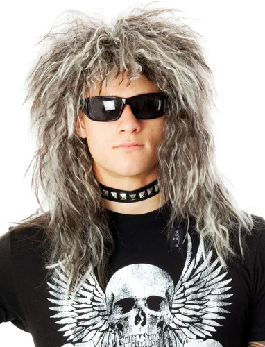Vista 4 de ALLAURA Conjunto de peluca rockera de los años 70 y 80 para hombre + tatuajes de disfraz. Banda para el pelo glamorosa Rockstar Mullet peluca +