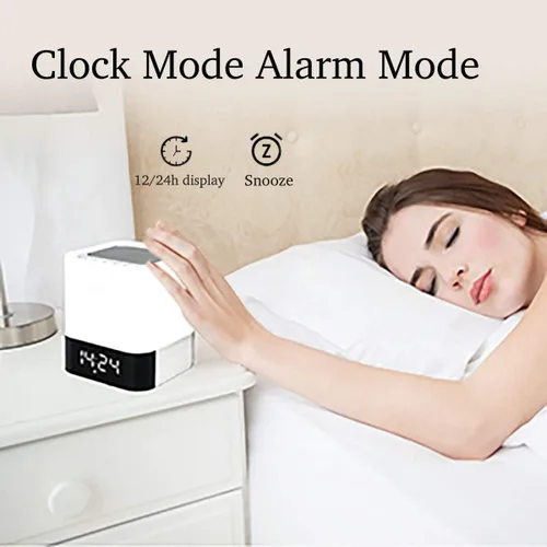 Vista 4 de Altavoz Bluetooth con luces nocturnas, reloj despertador inalámbrico Bluetooth, lámpara de noche con sensor táctil, luces nocturnas que cambian
