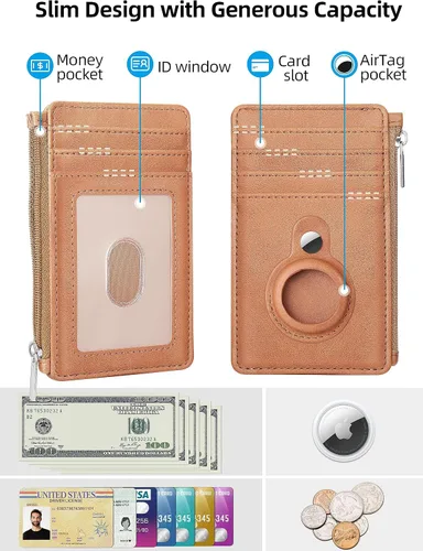 Vista 2 de Cartera delgada minimalista con bolsillo frontal, bloqueo RFID, tarjetero con ventana para identificación, 6 ranuras para tarjetas, cartera