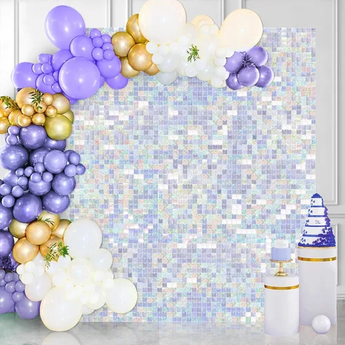 Vista 34 de 12 paneles cuadrados de lentejuelas brillantes para pared color azul claro (Baby Blue) telón de fondo decorativo para fiestas de bodas