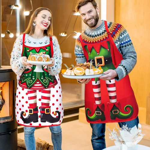 Vista 3 de 90shine 4 piezas de delantales de Navidad para mujeres: delantal de cocina para hornear y cocinar, accesorios de disfraz para adultos, decoraciones