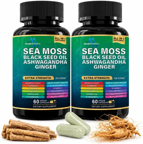 Vista 5 de Suplemento de hierbas de musgo marino 22 en 1 con shilajit del Himalaya, Ashwagandha, Rhodiola Rosea, ginseng, 19445 mg, cápsulas vegetales