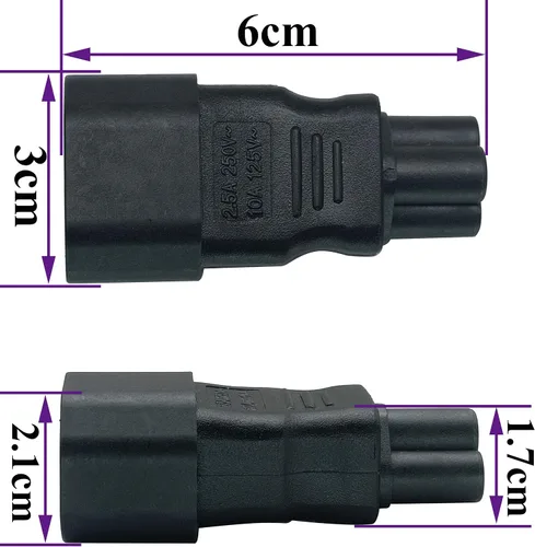 Vista 2 de Adaptador de CA IEC 320 C14 a C5, 10A 125V IEC 3Pole Macho a Mickey Mouse Adaptador de corriente hembra de 3 polos, convertidor de CA C5 a C14