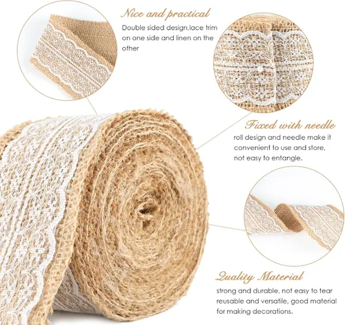 Vista 2 de jijAcraft Rollo de cinta de arpillera de yute natural, 2.4 pulgadas x 5.5 yardas, cinta de arpillera de encaje blanco rústico para manualidades