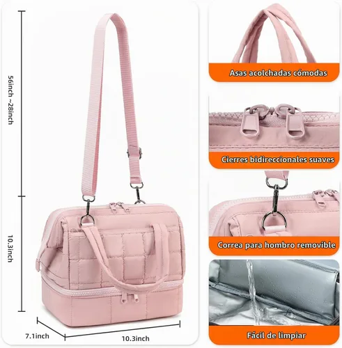 Vista 2 de Bluboon Lonchera para mujeres Bolsa de almuerzo aislada de doble cubierta, Lonchera acolchada de quilt con abertura ancha, loncheras reutilizables
