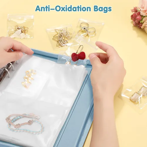 Vista 4 de Estuche organizador de viaje para joyas, libro portátil de piel sintética con bolsillos transparentes con cremallera para collares, aretes, pulseras
