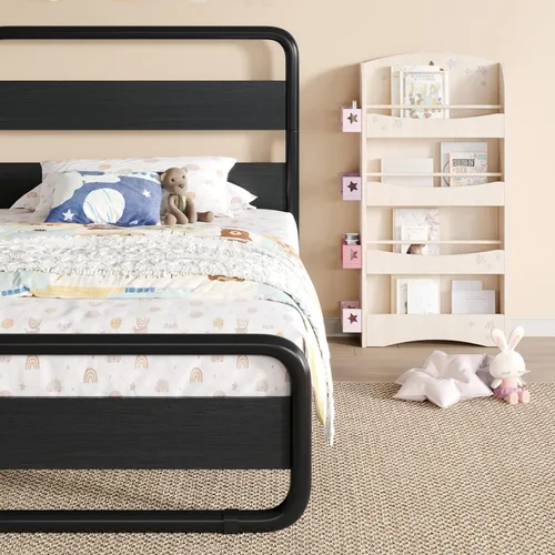 Vista 7 de SHA CERLIN Base de cama de metal de tamaño individual con cabecera y estribo de madera, base de cama de plataforma ovalada resistente