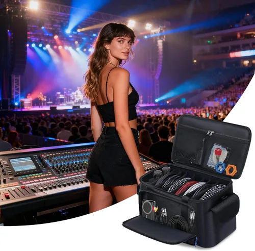 Vista 7 de Bolsa grande para archivos de cable de DJ con 8 divisores desmontables, bolsa de DJ acolchada con múltiples compartimentos y bolsillos para equipos