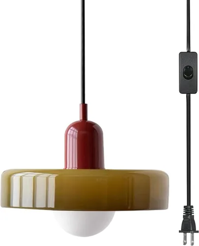 Vista 11 de Lámpara colgante de cristal vintage para isla de cocina, lámpara colgante enchufable con pantalla de vidrio blanco leche, cable enchufable, moderna