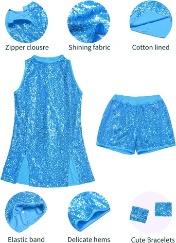 Vista 4 de LOLANTA Vestido de baile de lentejuelas para niñas de 4 a 12 años, traje de baile de hip hop, sin mangas y pantalones cortos