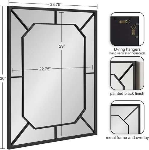 Vista 2 de Kate and Laurel Ardithe - Espejo rectangular decorativo geométrico; 24 x 30; negro; espejo rectangular moderno con incrustaciones de vidrio