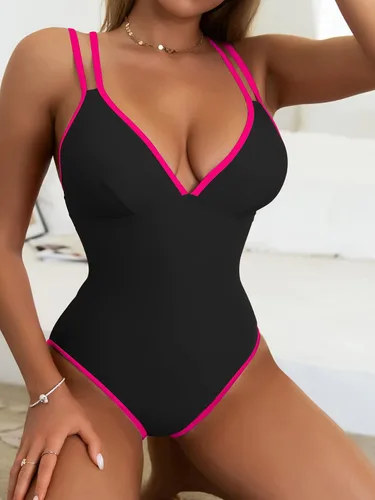 Vista 3 de B2prity Traje de baño de una pieza con cuello en V para mujer, con control de abdomen, espalda cruzada, adelgazante, 1 pieza
