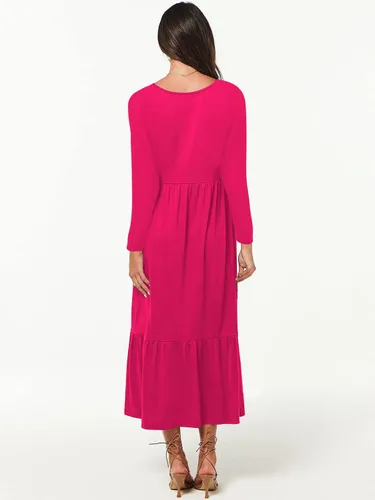 Vista 2 de Paintcolors Vestido largo casual de manga larga con cuello en V para mujer, vestido escalonado, color sólido, holgado, con vuelo, vestido midi