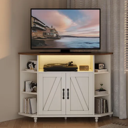 Vista 10 de 4 EVER WINNER Soporte de TV esquinero, gabinete de TV esquinero estilo granja con luces LED para TV de 50 pulgadas, estantes ajustables, soporte