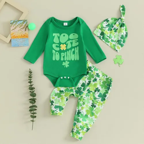 Vista 2 de Conjunto de manga larga con cuello redondo y letras para bebé niño, ropa de primavera, Verde demasiado lindo para parchear