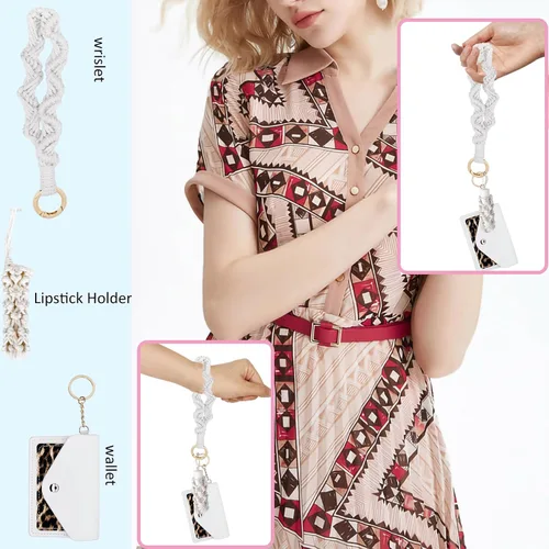 Vista 14 de BIHRTC Llavero de pulsera boho con soporte para lápiz labial, pulsera hecha a mano