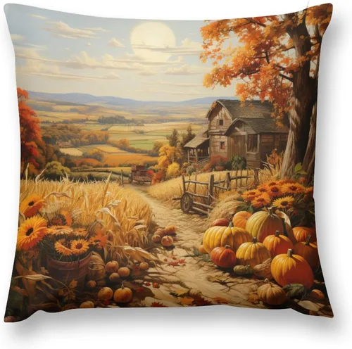 Vista 2 de Fundas de almohada decorativas cuadradas de terciopelo con diseño de paisaje, campo, otoño, otoño, 12 x 12 pulgadas, para Acción de Gracias
