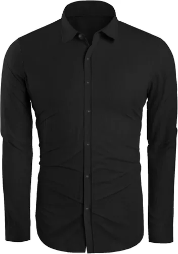 Vista 6 de Runcati Mens Button Down Shirt Linen Cotton Shirts Casual Long Sleeve Tops 01 Negro