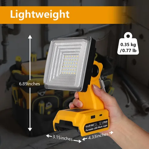 Vista 6 de DTEZTECH Luz de trabajo LED para batería Dewalt de 20 V máximo, luz de inundación portátil inalámbrica de 25 W 1500 LM con cabezal giratorio de 90°