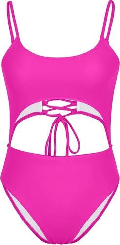 Vista 5 de Meyeeka - Traje de baño de cuello redondo para mujer, de una pieza, estilo recortado por delante, cordones para amarrar por la espalda, corte alto