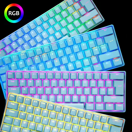 Vista 5 de Combo de teclado y auriculares mecánicos para juegos 60 con retroiluminación arco iris antifantasma 61 teclas micrófono ajustable de 6400 DPI