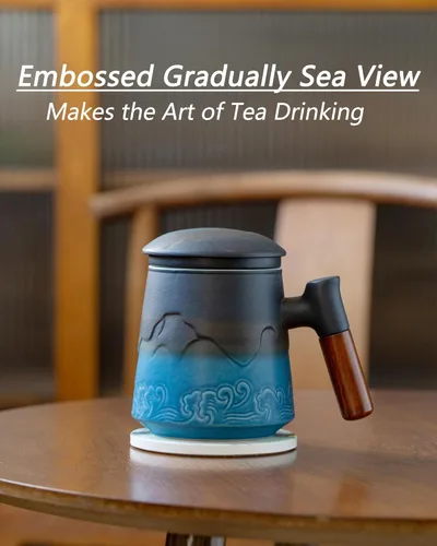 Vista 8 de ZENS Taza de té con infusor y tapa para colador de té de hojas sueltas, taza de té de cerámica de 15.2 oz con coladores de té finos y posavasos
