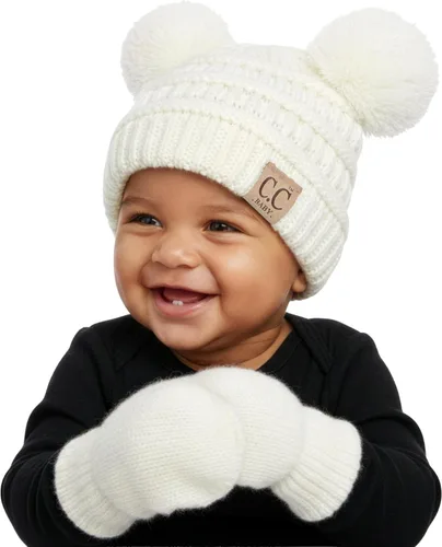 Vista 21 de Funky Junque Conjunto de gorro y mitones con doble pompón de pelo sintético para bebé – Gorro de invierno para recién nacidos de 0–9 meses