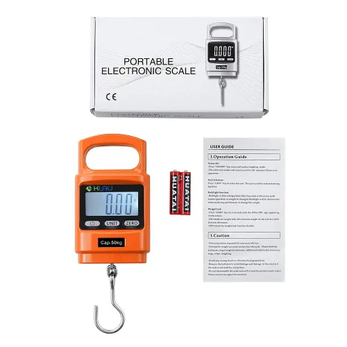 Vista 4 de Klau - Báscula portátil de pesaje para peces, naranja, 100 libras / 1600 onzas Escala colgante digital resistente, pantalla LCD con luz de fondo