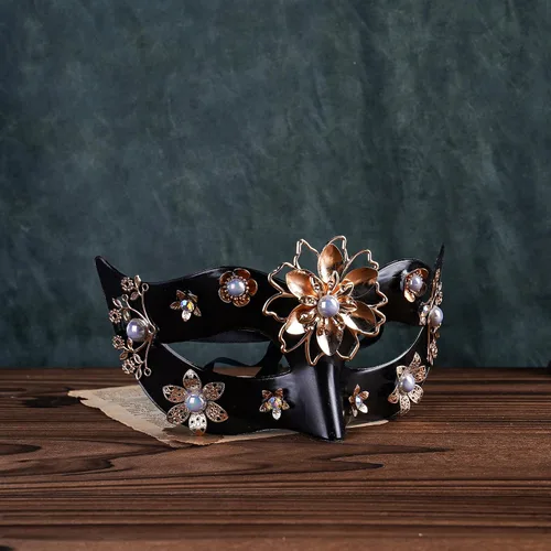 Vista 5 de ZinniDay Masquerade Masks Handmade Black Venetian Mask with Purple Rhinestone Half Face Mardi Gras Mask for Women and Men Halloween Party Cosplay