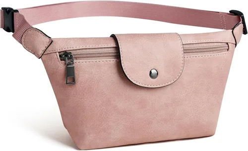 Vista 9 de OPAGE Riñonera de cuero para mujer, riñonera cruzada con correa ajustable, 2-3 Bicolor Rosa