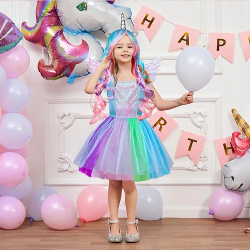 Vista 7 de G.C Vestido de unicornio para niñas, disfraz de princesa con diadema y alas para niños, falda tutú de manga con vuelo, regalos de Halloween