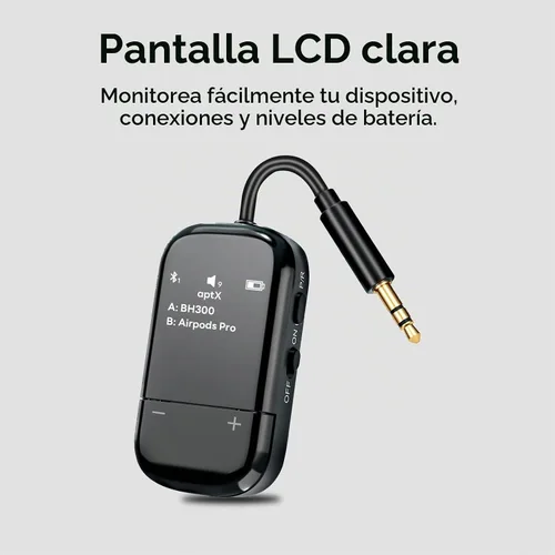 Vista 2 de Transmisor de audio Bluetooth 5.3 para avión con Qualcomm aptX adaptativo, pantalla LCD, soporte de dispositivo doble, batería de 30 horas, AUX