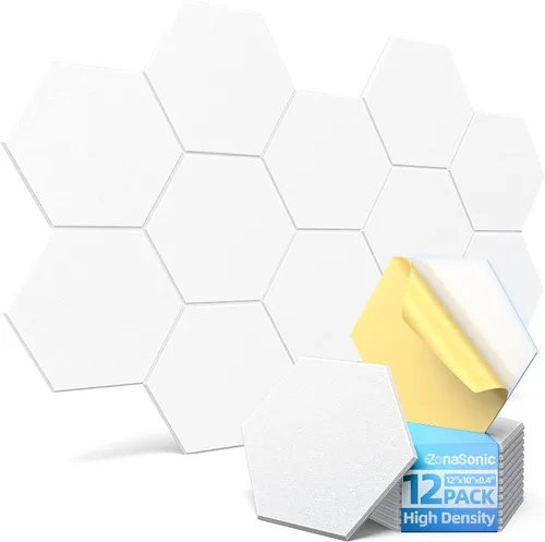 Vista 11 de Paquete de 12 paneles acústicos hexagonales con autoadhesivos, paneles de espuma a prueba de sonido de 12 x 10 x 0.4 pulgadas para paredes, paneles