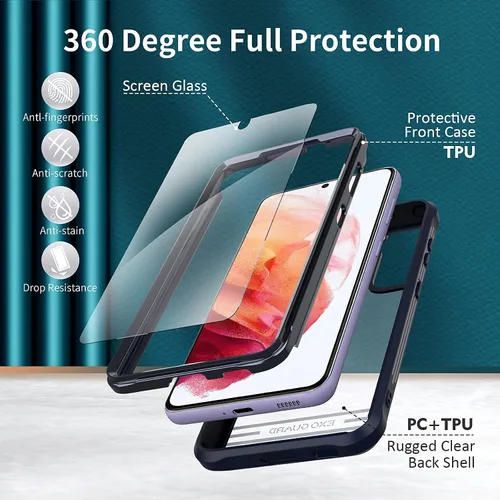 Vista 3 de ExoGuard Funda para Samsung Galaxy S21 5G con protector de pantalla, doble capa de protección de cuerpo completo Funda transparente para Samsung S21