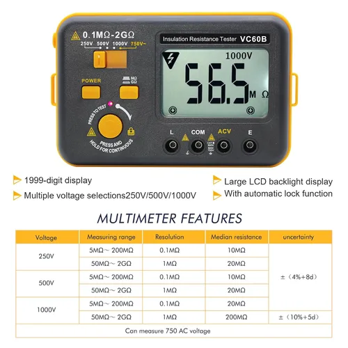 Vista 3 de Probador de resistencia de aislamiento digital VC60B, medidor eléctrico de megaohm con prueba de voltaje de prueba de 250V/500V/1000V Resistencia