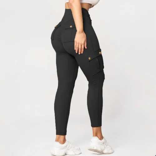 Vista 8 de Ayolanni Women High Waist Yoga Leggings Butt Lifting Tummy Control Solid Cargo Tights with Button Porkets for Jogging Workout