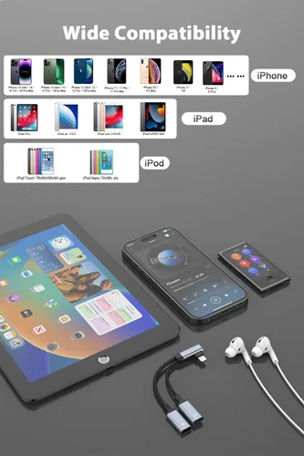 Vista 3 de [Certificado MFi de Apple] Divisor de iPhone para carga y auriculares, adaptador de auriculares Lightning dual compatible con control de música