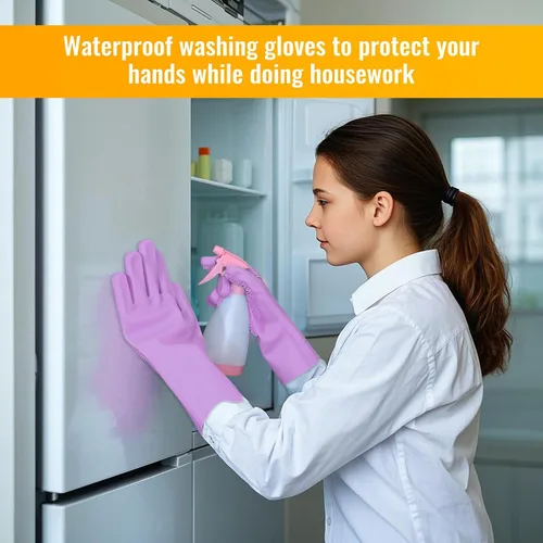 Vista 6 de Silicone Dishwashing Gloves, Kitchen Gloves for Washing Dishes Reusable Waterproof Dishwashing with Cleaning Brush